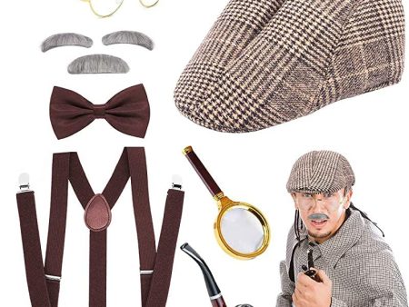 Joraki Accesorios Hombre los Años 20 Sherlock Holmes Victorian Detective Disguise Cosplay Kit con Sombrero Lupa Liguero Pajarita Barba Cejas Gafas para Carnaval Mascarada Evento Fiesta Embalaje Deteriorado Online Sale